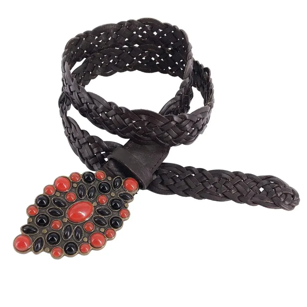 90s braided leather belt with multi stone buckle 1990s vintage